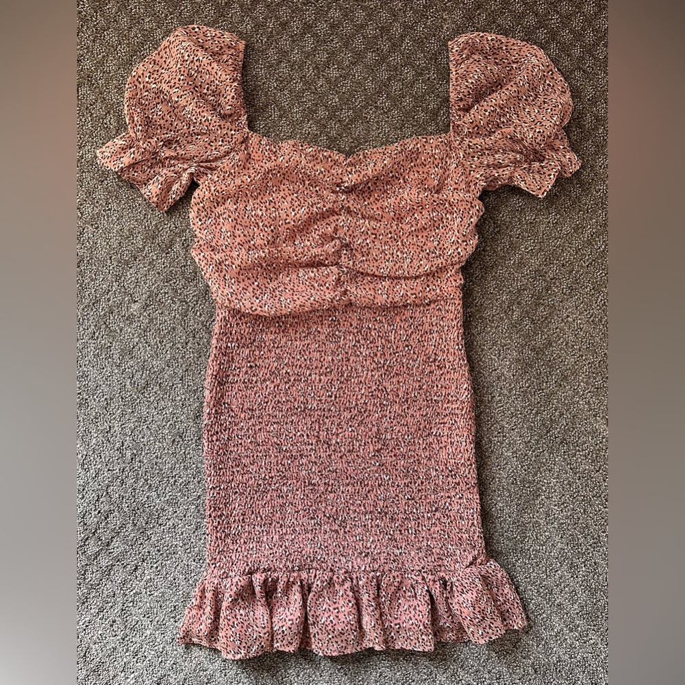 Pink Textured Dress with Puff Sleeves